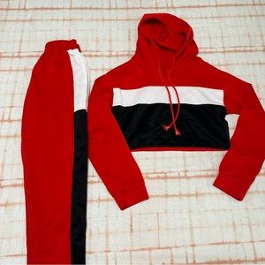 Red, black and white tracksuit for women. Racer jacket pants set biker sports